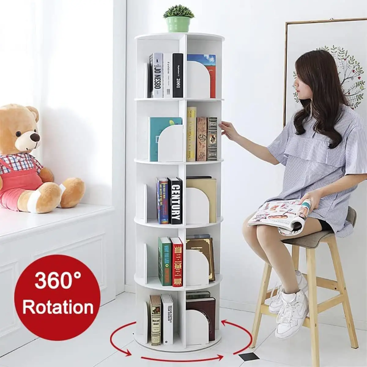 رف كتب دوار 360 درجة بخمسة أرفف