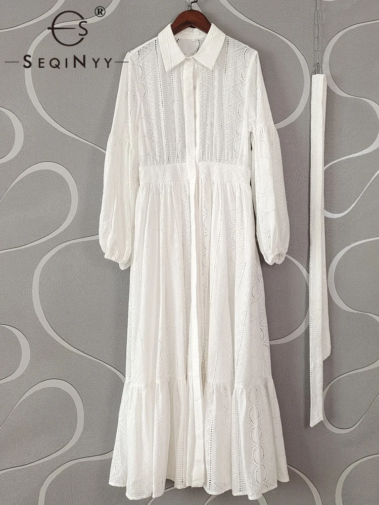 

SEQINYY Elegant Long Shirt Dress Summer Spring New Fashion Design Women Runway High Street Vintage Hollow Out Flowers Holiday