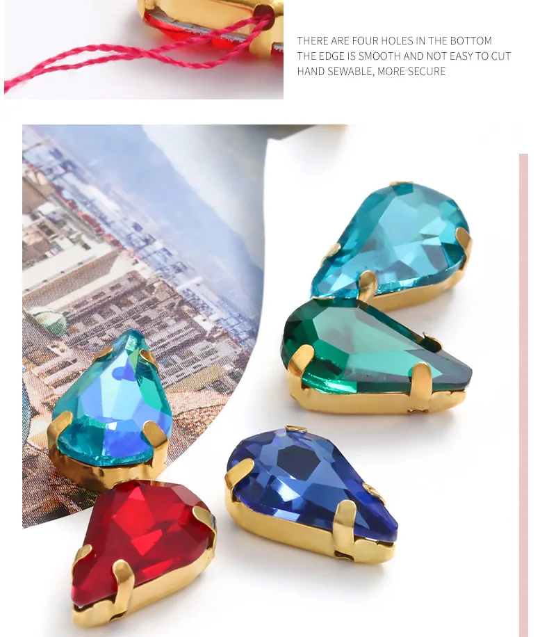 Description Picture 6 of itemTeardrop Shape Glass Rhinestone With Golden Claw Sew On Crystal Stone Strass Diamond For Wedding Dress Bag Crafts Embellishments