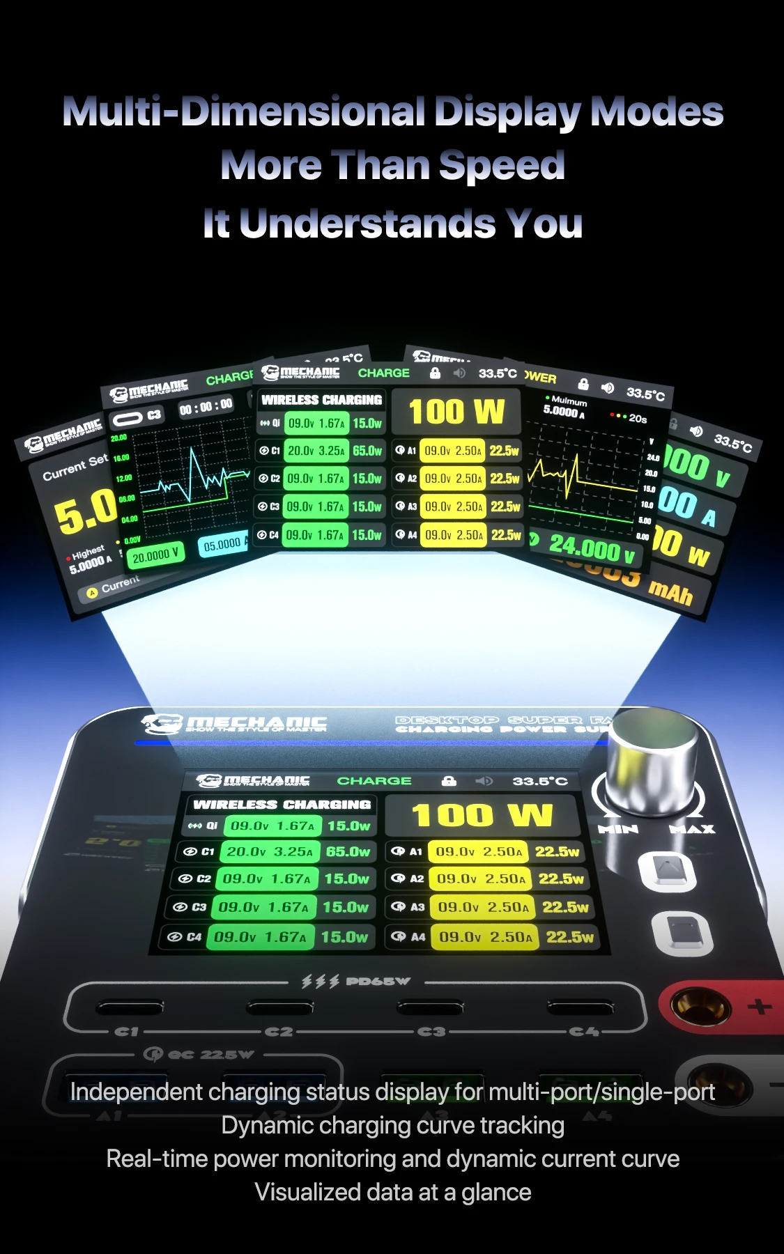 MECHANIC G-Power 200 질화갈륨 데스크탑 초고속 충전 스테이션 멀티 포트 실시간 전력 디스플레이 무선 충전