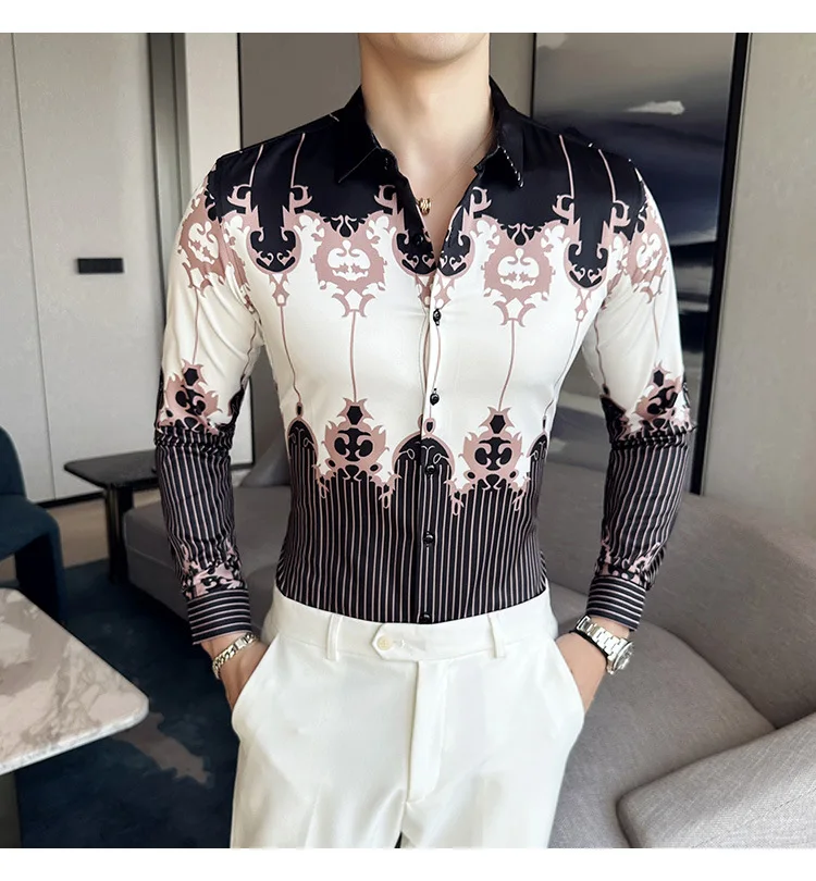 Men's Luxury Design Dress Shirt Long Sleeve Button Down Printed Shirt for Party Prom Wedding Shirt