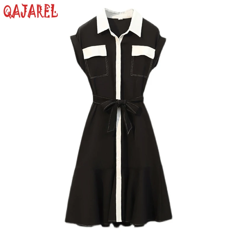 

Women Black Patchwork Polo Collar Midi Dress 2024 Korean Vintage Hepburn Causal Dress Summer Elegant Bodycon Office Lady Dresses
