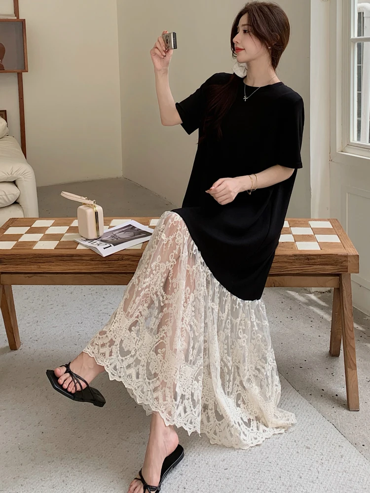 NYFS plus Size Women's Lave Patchwork Dress Summer 2025 Loose Long Dresses Robe Elbise Short Sleeve Korean Style Floral Hem - Image 2