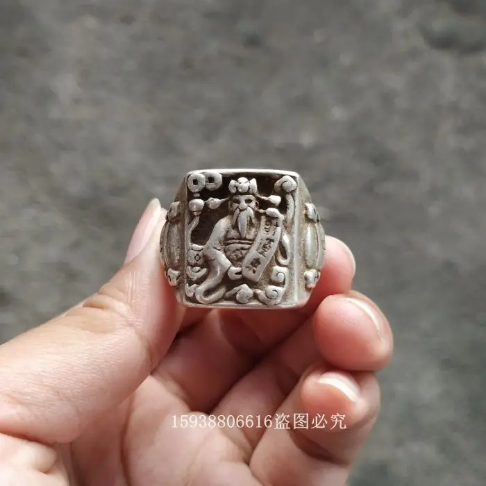 

Antique antique collection antique imitation old silver, silver, silver, copper, silver-plated God of Wealth ring finger jewelry