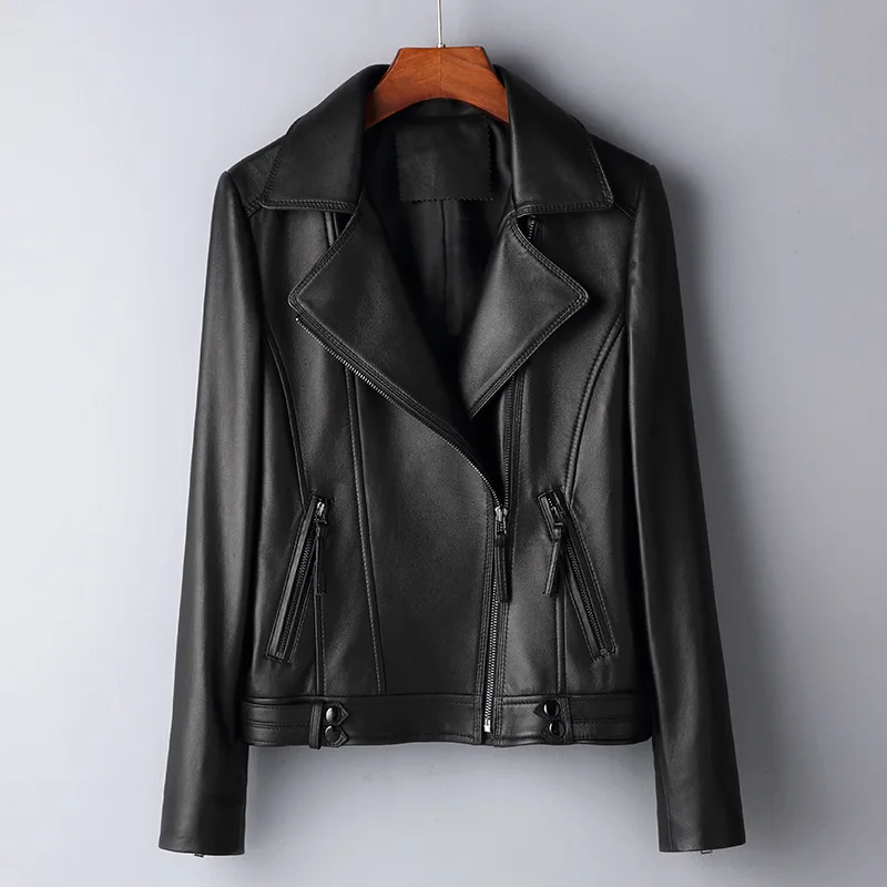 

Haining new spring and autumn leather clothes women's sheepskin motorcycle slim fit short suit collar leather jacket coat out of