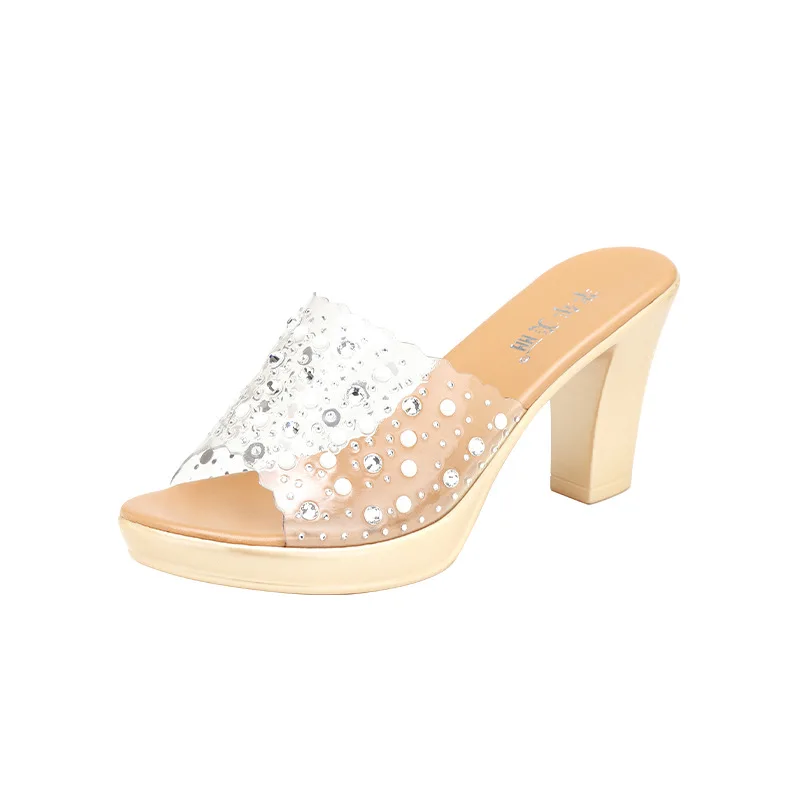 8cm Small Big Size 32-43 Clear Rhinestone Gold Block High Heels Shoes Summer Slippers 2023 Women's Leather Slides Office Party