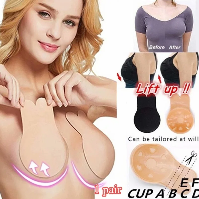 

Women Push Up Bras Self Adhesive Silicone Strapless Invisible Bra Reusable Sticky Breast Lift Tape Rabbit Nipple Cover Bra Pads