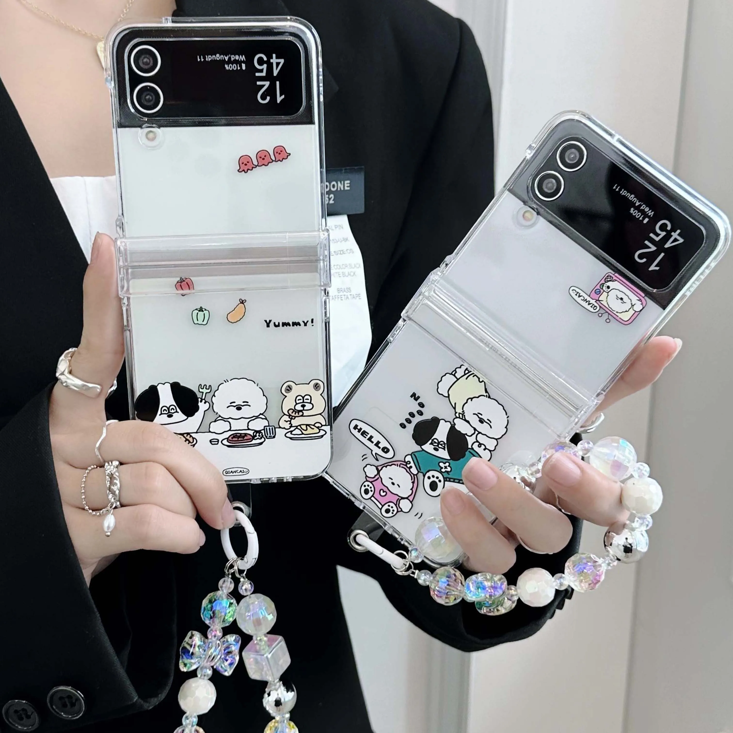 Per Samsung Galaxy Z Flip 5 3 4 Flip5 Flip3 Flip4 Cartoon Yummy Animal Dog Bear Pc Hard 3 In 1 Custodia Per Telefono Con Bracciale In Cristallo