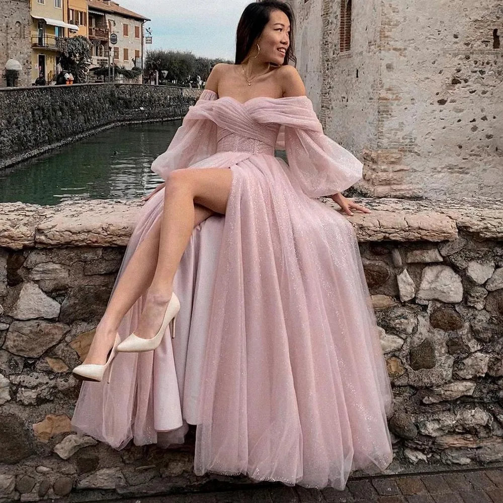 Eeqasn Pink Shiny Tulle Prom Dresses Off The Shoulder Long Puff Sleeve Evening Party Gowns 2023 Slit Women Arabia Wedding Dress