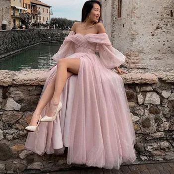Bafftafe Customized Pink Shiny Tulle Prom Dresses Off Shoulder Long Puff Sleeve Evening Party Gowns Slit Women Wedding Dress 1