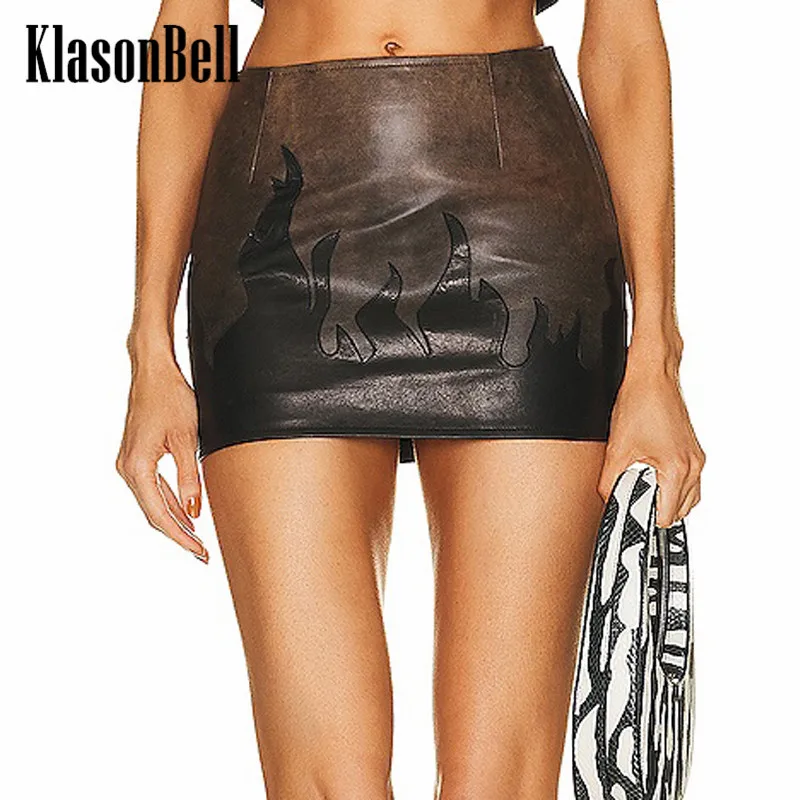 

3,26 KlasonBell Осенняя Новая Модная элегантная юбка из натуральной кожи с рисунком пламени для женщин