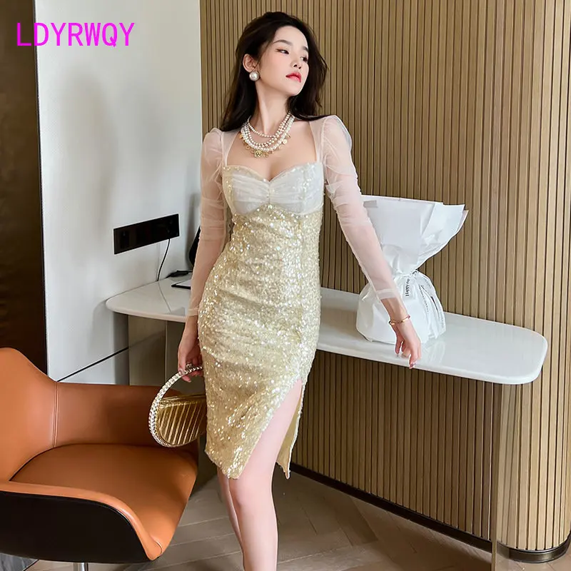 

Spring 2023 New Celebrity Style Mesh Splice Sequin Slim Fit Dress