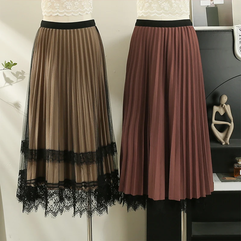 

French Chic Long Skirt Women Lace Mesh Patchwork A-line Femlae Pleated Skirts High Waist Double-sided Ladies Skirts Dropshipping