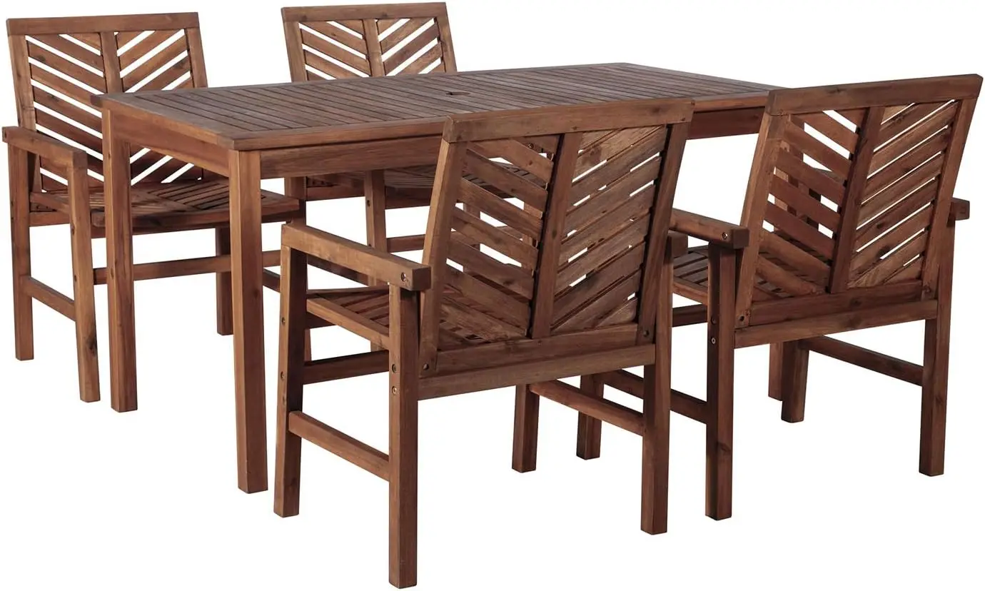 

4 Person Outdoor Wood Chevron Patio Furniture Dining Set Table Chairs All Weather Backyard Conversation Garden Poolside