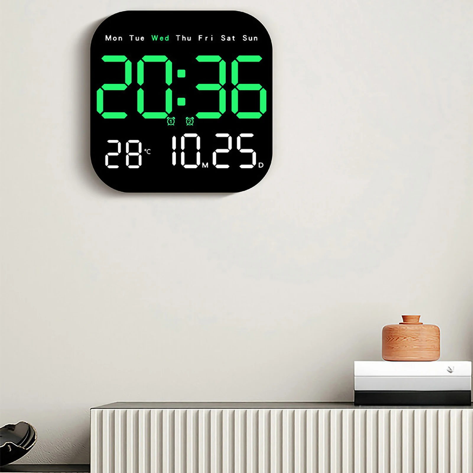 Digital Wall Clocks Temperature Date Week Dispaly Electronic Table Clock 12/24H Wall-mounted LED Alarm Clock Remote Control