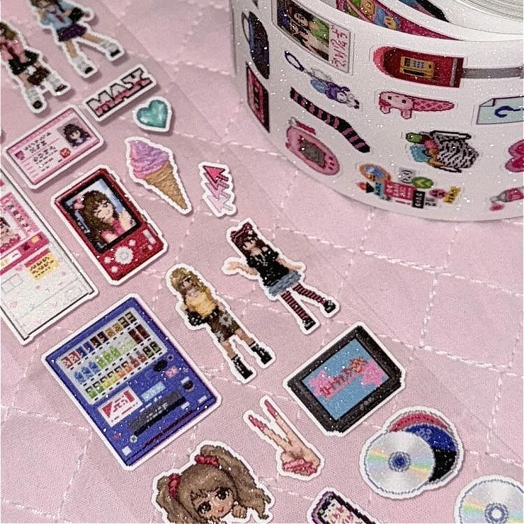 귀여운 레트로 시부야 핫걸 쇼와 Y2K 픽셀 스타일 다이컷 스티커 테이프 (스크랩북킹, 저널, DIY, 휴대폰 케이스, 콜라주 재료)