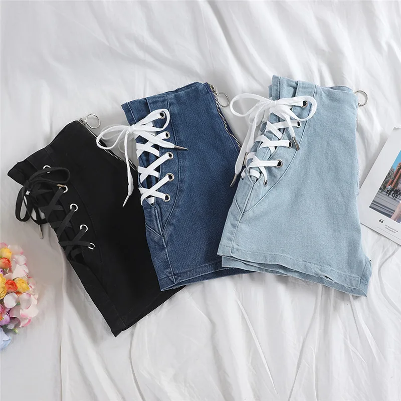 High Waisted Denim Shorts for Women, Female Jeans Shorts, Black, Casual, Student, All Match, Loose, Hot, Blue, Spring, Summer