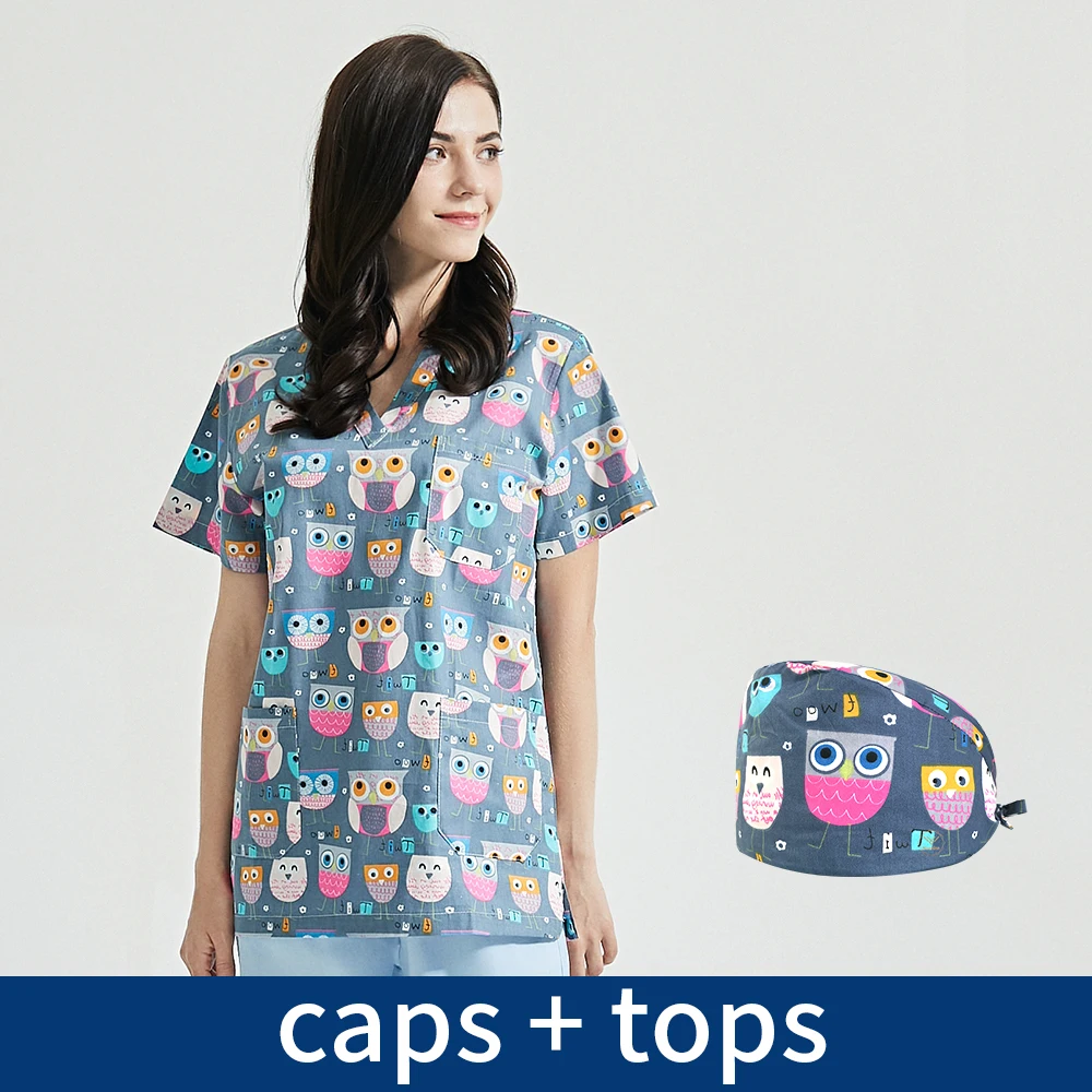 Pet Grooming Institution Spa Uniform Women workwear Beauty Salon Clothes tooth check Scrub Shirt V-neck tops work uniforms shirt