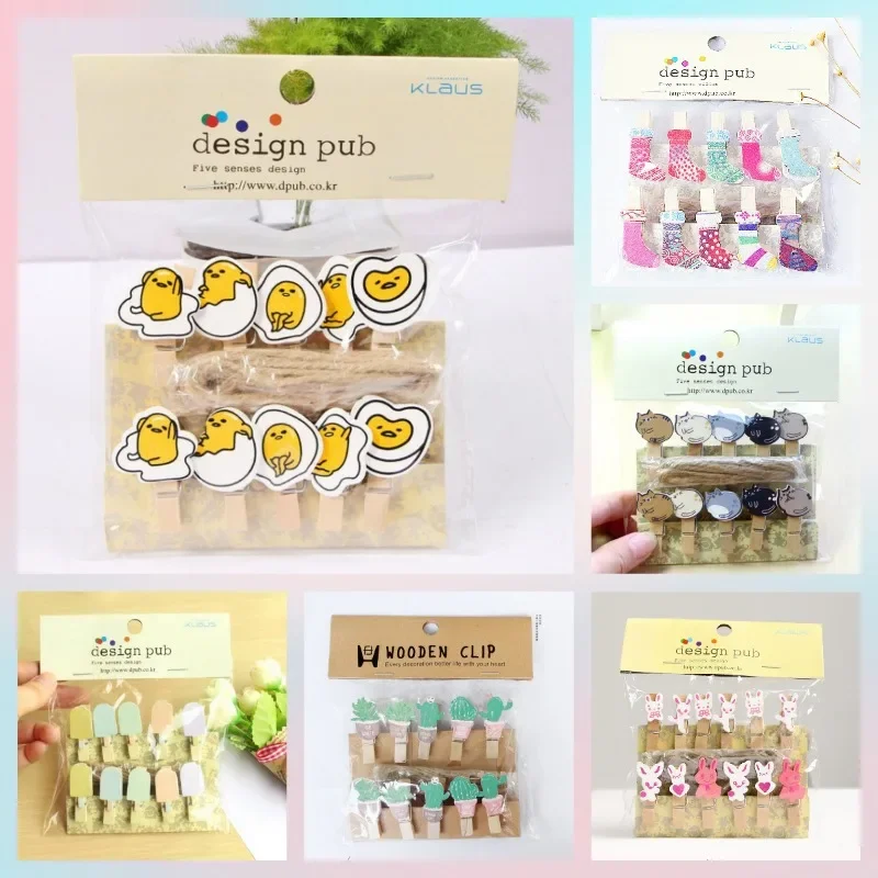 

Anime Sanrio Cartoon Cute Gudetama Photo Clip with Hemp Rope Small Wooden Clip Christmas Wooden Clip Super Cute Storage Folder