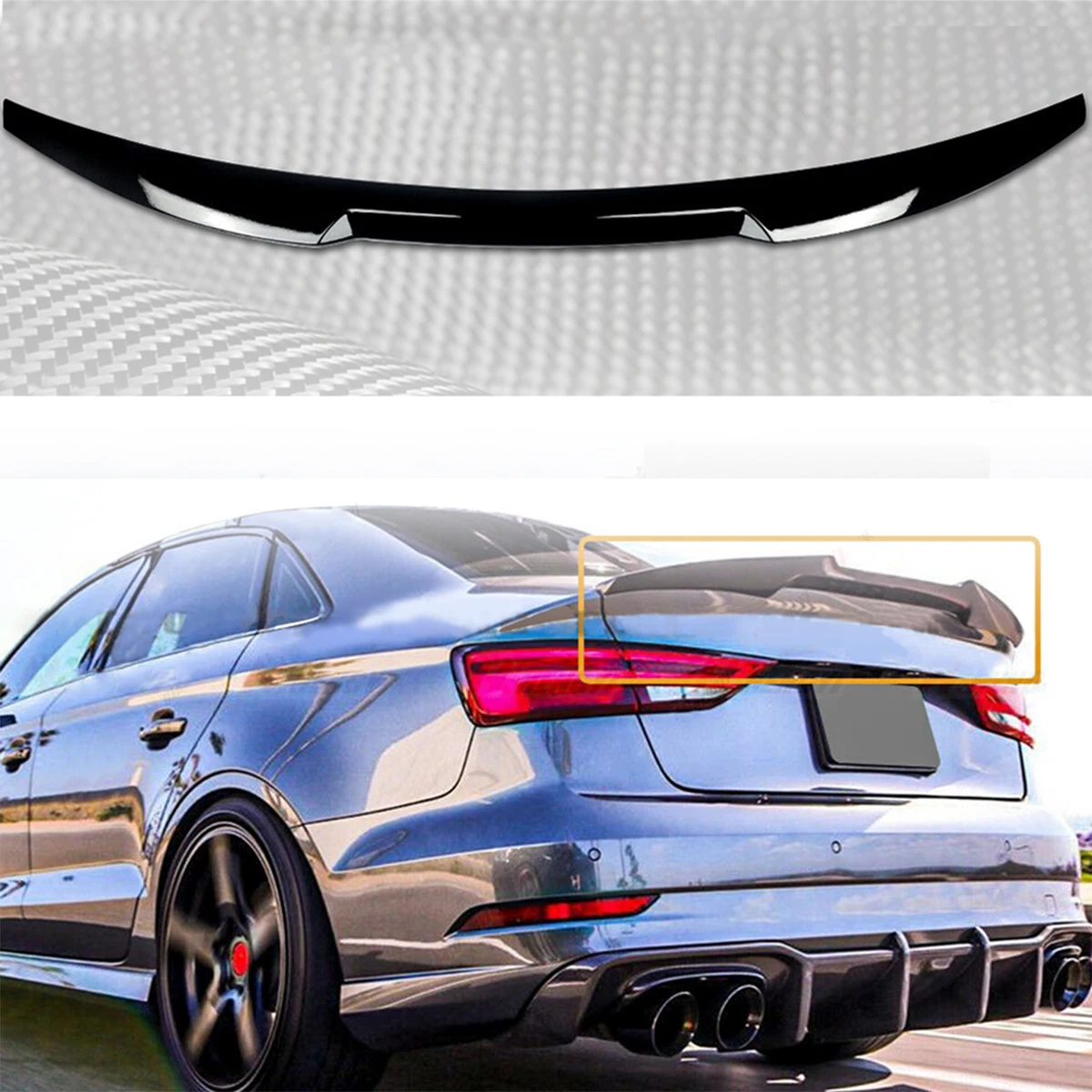 M4 REAR TRUNK SPOILER HIGHKICK WING FOR 14-20 AUDI A3 S3 RS3 SEDAN GLOSS BLACK
