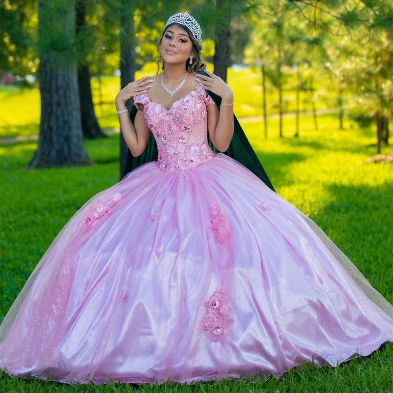 

Luxury Pink Pearls Sweetheart Quinceanera Dress 2023 Flowers Appliques Blue Birthday Prom Gowns Sweet 16 Dress Corset