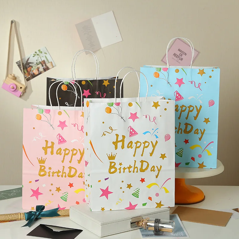 GOMANCHE 50 Sacchetti Regalo Per Compleanno Bambini Con Manici, 16,5x25 Cm, 4 Disegni Festivi, Per Caramelle E Bomboniere
