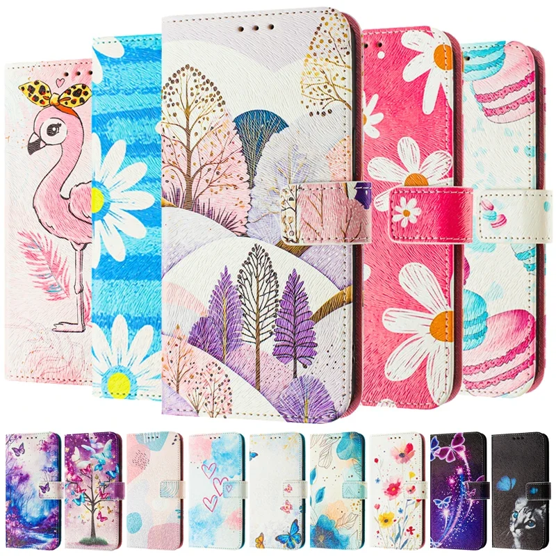 Elegant Leather Wallet Phone Case - Cat, Flower, and Bear Design