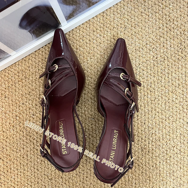 Women Burgundy Patent Leather Slingbacks Pumps with Buckles Stiletto Heels Sexy Pointed Toe Shoes 7CM/9CM