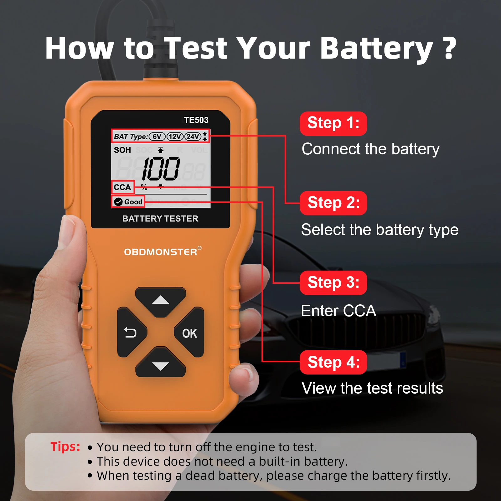 TE503 Car Battery Tester 6V 12V 24V 100-2000 CCA 2Ah-220Ah Battery System Detect Auto Analyzer Car Tool PK KW208