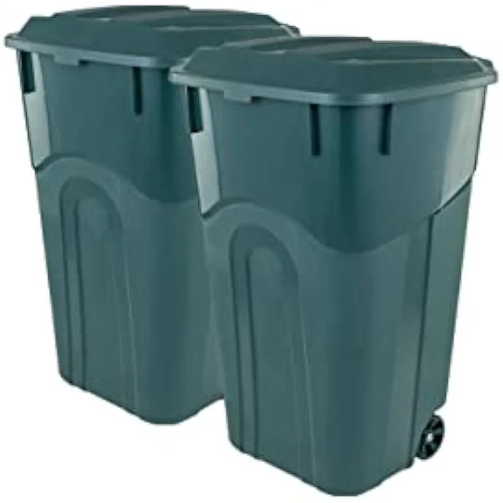 

32 Gallon Wheeled Outdoor Garbage Can with Attached Snap Lock Lid and Heavy-Duty Handles, ECO Green, Garage Trash Can, Pack of 2