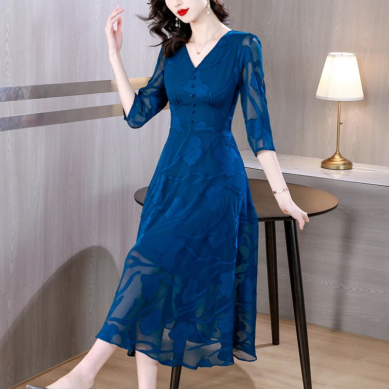 

Summer Fashion Silk V-Neck Printed Dress For Women 2023 New Elegant Retro Waist Slim Loose Fit Leisure Holiday Dress Vestidos