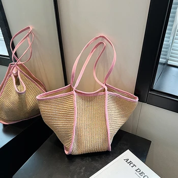 Borse a tracolla a treccia versatili di grande capacità da donna alla moda Borse da spiaggia estive in paglia intrecciata di design Borsa tote per il tempo libero da donna