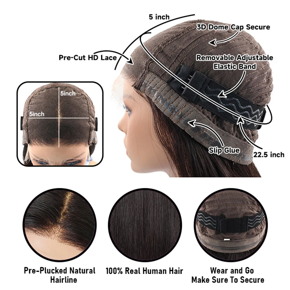 Glueless 4x4 Pre-Cut Lace Wig 5x5 Lace Closure Wig Human Hair Inspired Layered With Curtain Bangs