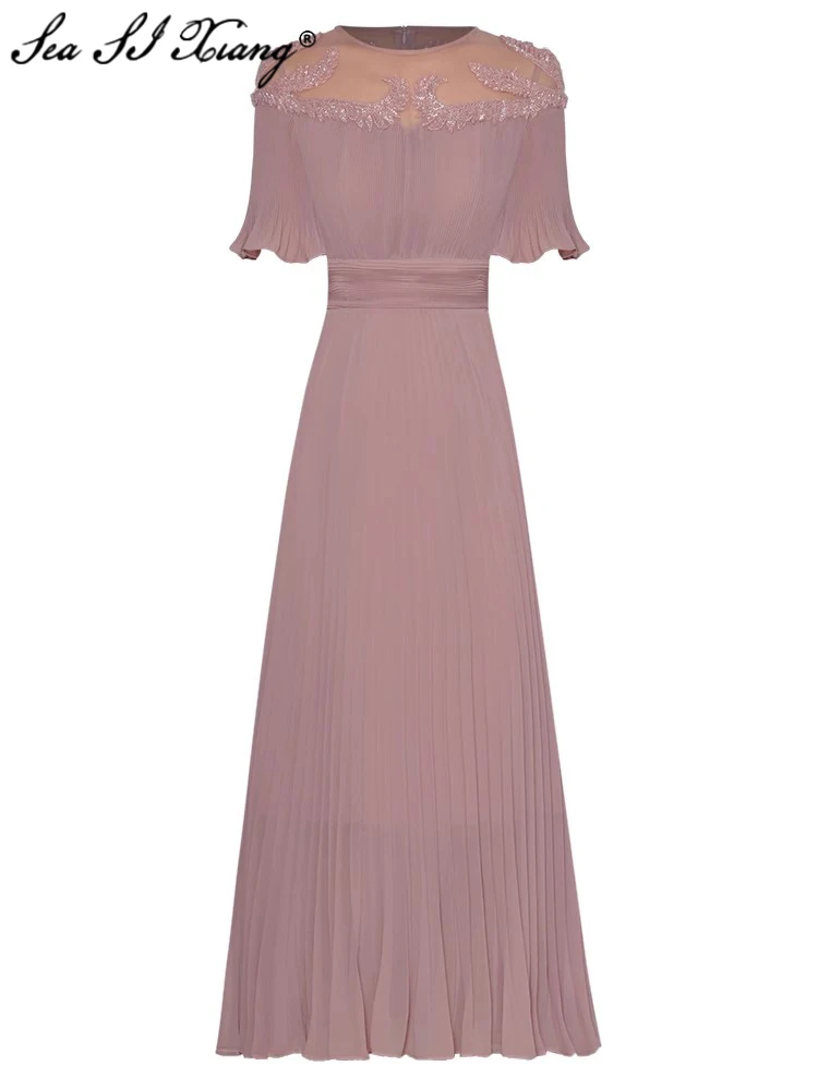 

Seasixiang Fashion Designer Summer Long Dress Women Mesh Patchwork O-Neck Butterfly Sleeve Beading Elegant Party Pleated Dresses