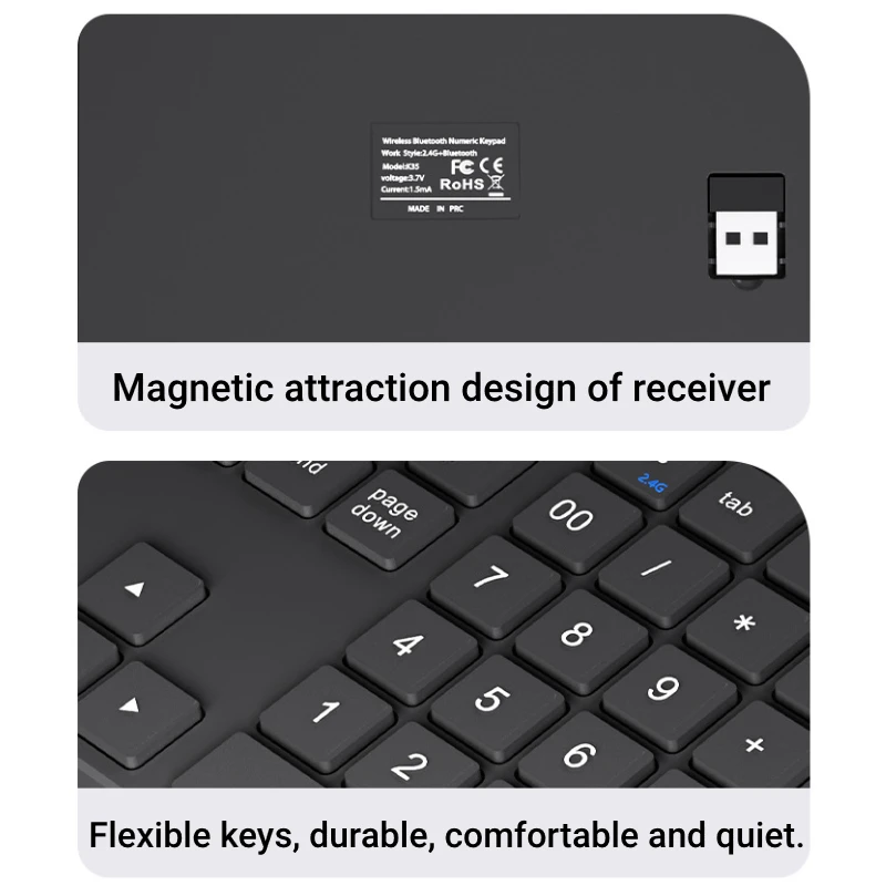 Dual Bluetooth Numeric Keyboard Rechargeable Wireless Number Numpad 35 Keys Keypad for IOS iPad Laptop Windows PC