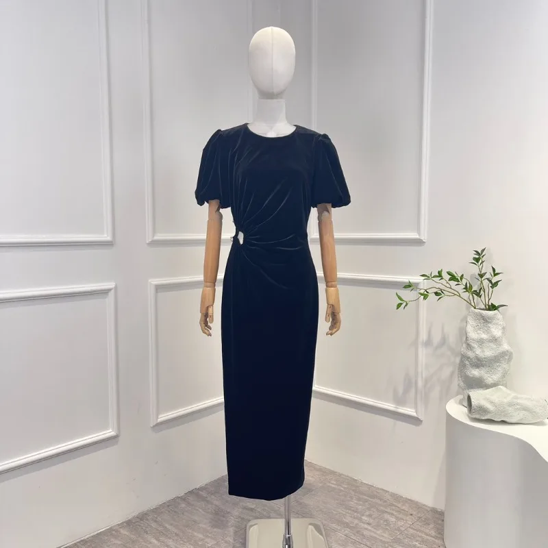 

Black Solid 2023 New High Quality Graceful Short Puff Sleeve Mermaid Woman Midi Dress for Party