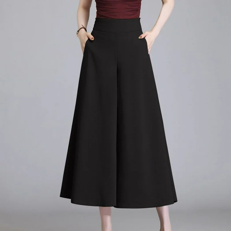 Summer Fashion Ice Silk Thin Loose Wide Leg Pants Women's High Waist Patchwork Pocket Simple Versatile Casual Straight Trousers