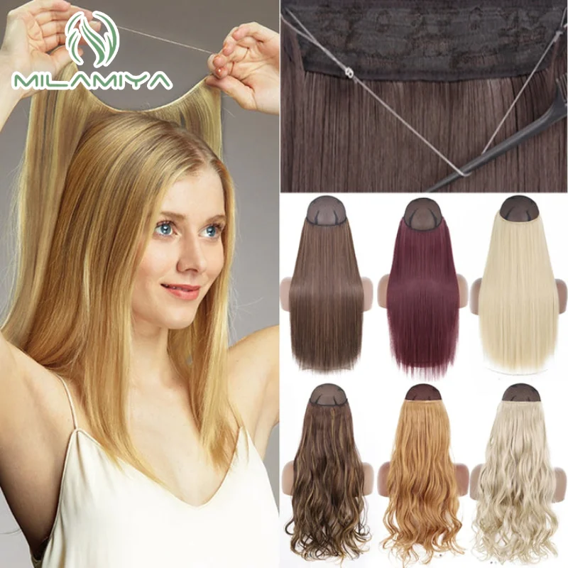 Human Hair Extensions Clip in Hair Extension Real Human Hair Apply With Invisible Wire Natural 5Clips 12-26Inch Fish Line Extensions