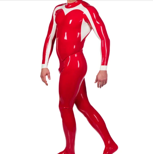 

Latex Rubber Gummmi Red and white stitched Jumpsuit racing suit role play party hand customized 0.4mm XS-XXL High comfort
