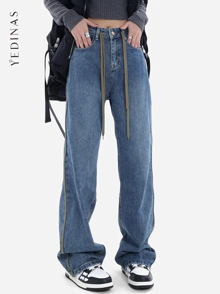 

Yedinas American Retro Patchwork Boyfriend Jeans For Women Y2K Vintage High Waist Denim Wide Leg Pants Jeans Trousers Chic