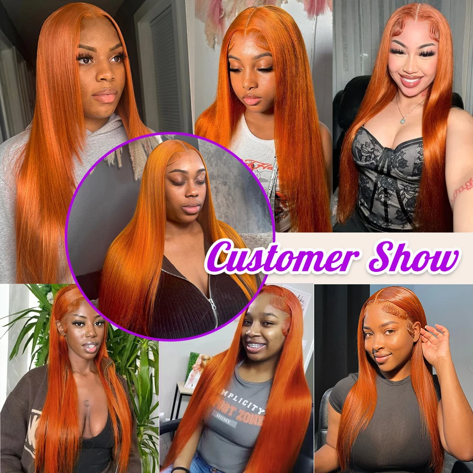 Human hair wig 40 inches straight ginger orange lace front 13x6 13x4 HD frontal colored preplucked for women 200 density
