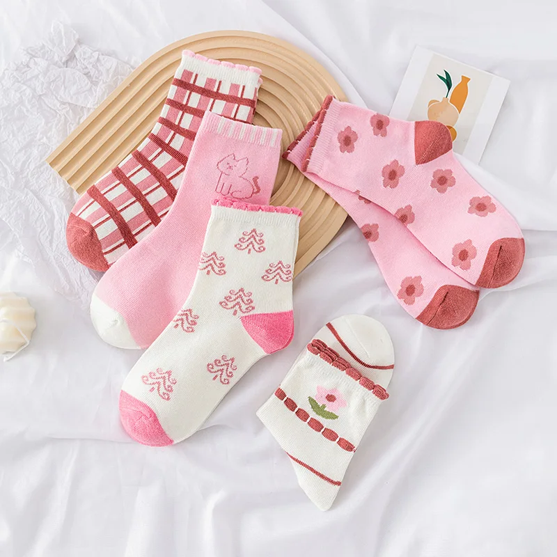 Childrens Socks 5 Pairs Pink Flower Knit
