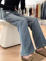 Retro Texture Wide Leg Denim Pants Loose Drapey Straight Long Trousers for Women High Waist Zipper Closure Casual Sle - Image 3