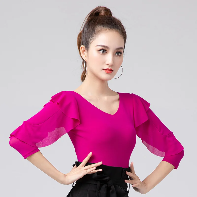 

Latin Dance Tops Women Middle Sleeve Summer Modern Dance Practice Clothes Adult Black Blue Shirts Ballroom Dancing Costume Wear
