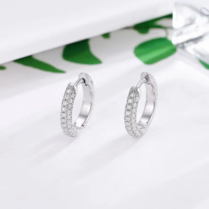 S925 Silver 0.8ct Moissanite Hoop Earrings 3 Rows Iced D Color Moissanite Diamond Huggie Earrings for Women Ins Jewelry Gift