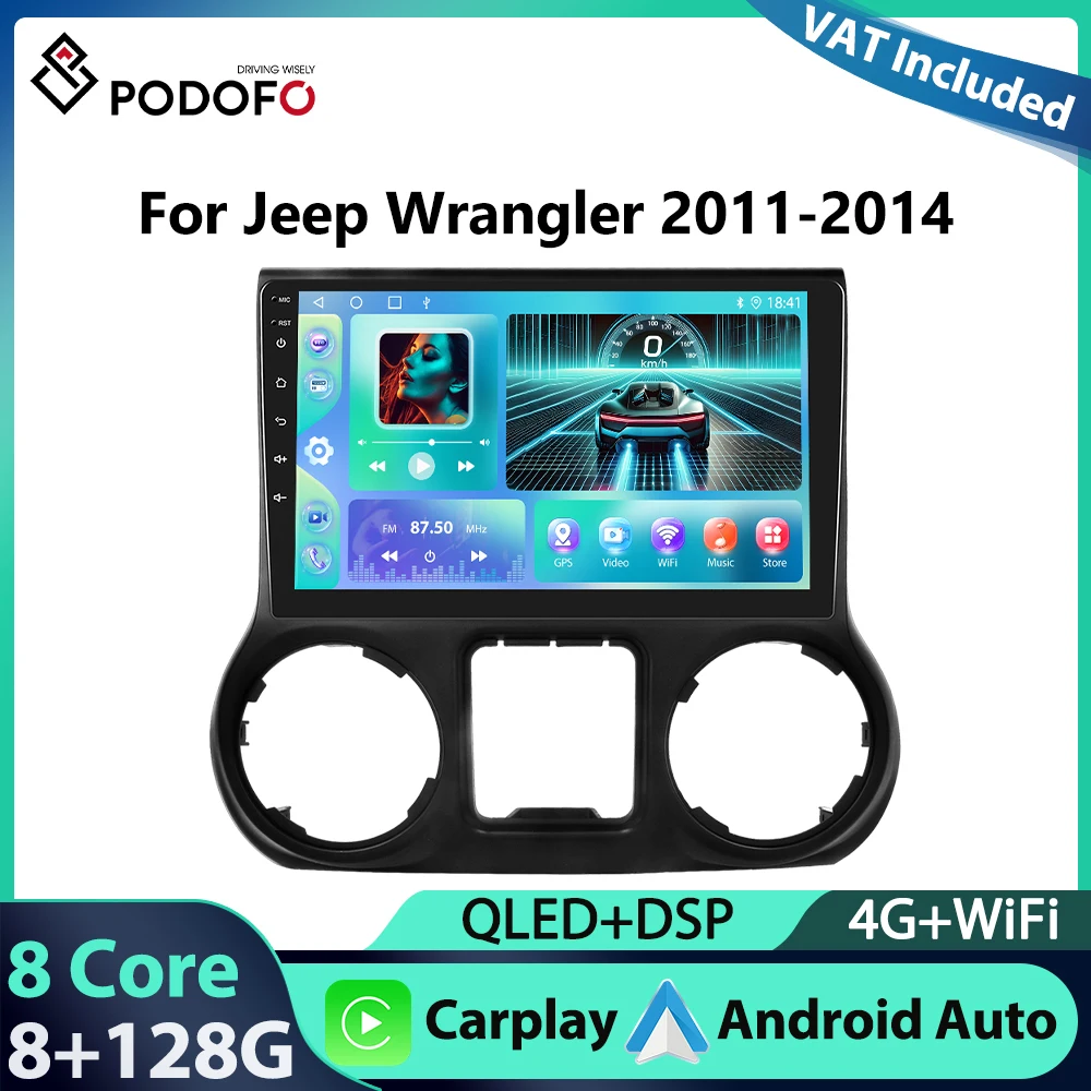 Radio para Auto Podofo 8+128G 10.1'' para Jeep Wrangler 2011-2014, Reproductor Multimedia con WIFI, 4G, GPS, Carplay, Android Auto, 8 Núcleos, Audio para Auto 1