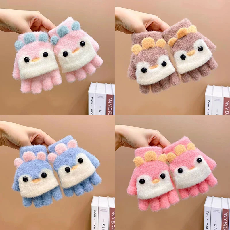 Kids Cartoon Flip Gloves Winter Thick Warm Boy Girl Half Finger Mittens Outdoor Windproof Children Writing Five Finger Gloves winter gloves ski gloves baby mittens leather gloves paw patrol gloves anti scratching gloves cat gloves halloween gloves children dance gloves girls satin gloves
