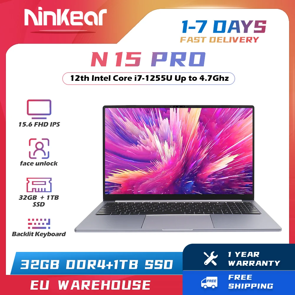 Ninkear N15 PRO Gaming Laptop Intel 12th Core i7-1255U 15.6-inch FHD IPS 32GB DDR4+1TB SSD face unlock Backlit Keyboard Notebook