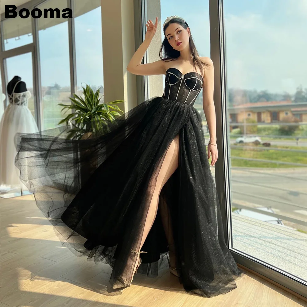 

Черные блестящие вечерние платья-Booma, черное блестящее платье трапециевидной формы для выпускного вечера, милое платье без рукавов для выпускного вечера, веч Booma без рукавов, женское платье с высоким разрезом сбоку