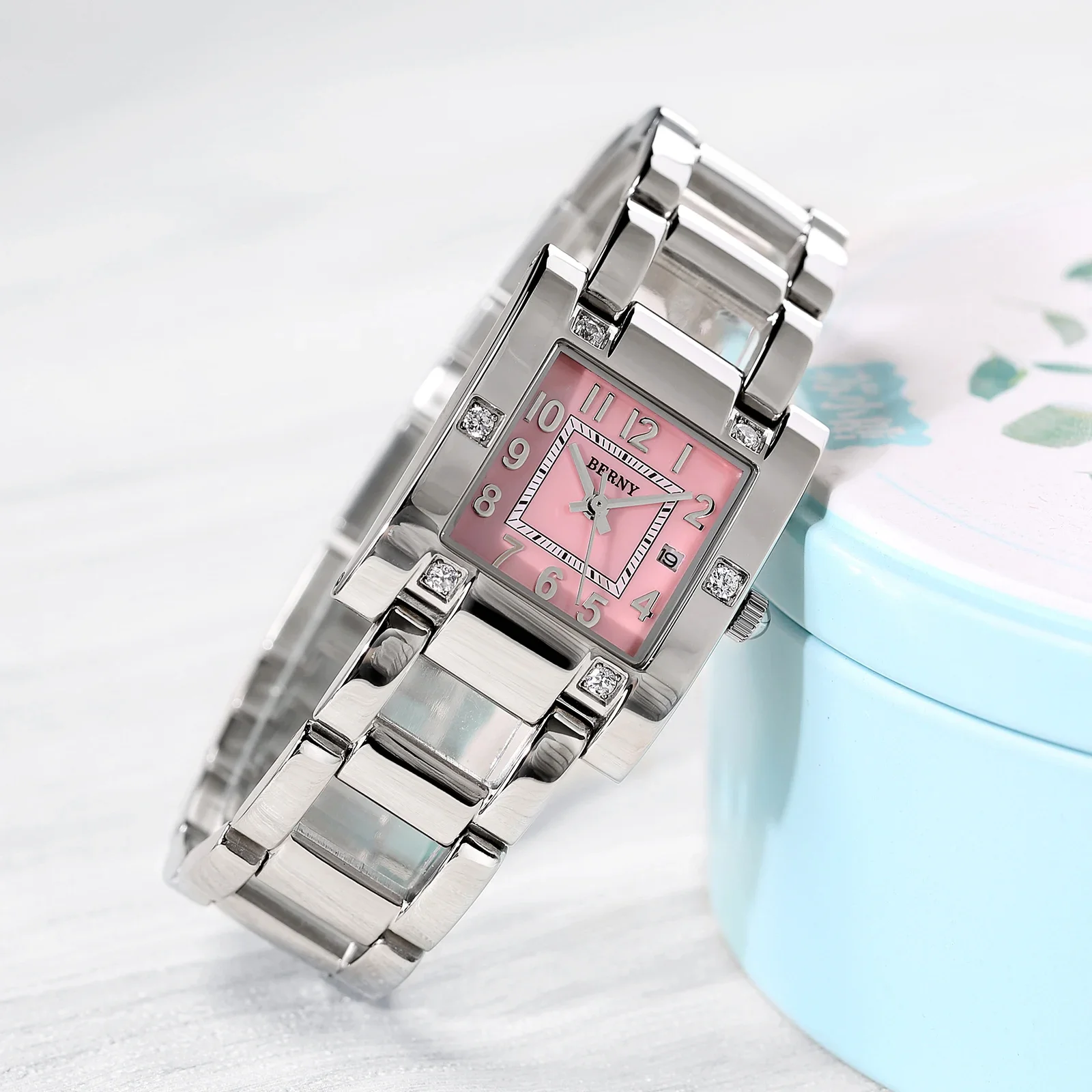 BERNY Quartz Watch for Women Calendar Fashion Casual Easy Read Stainless Steel Waterproof Ladies Square Wristwatch Elegant